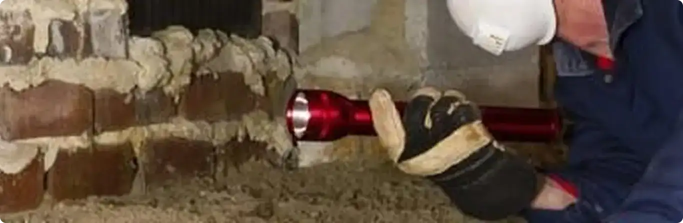 Pest control technician inspecting a crawl space for ant activity in South Pasadena, CA